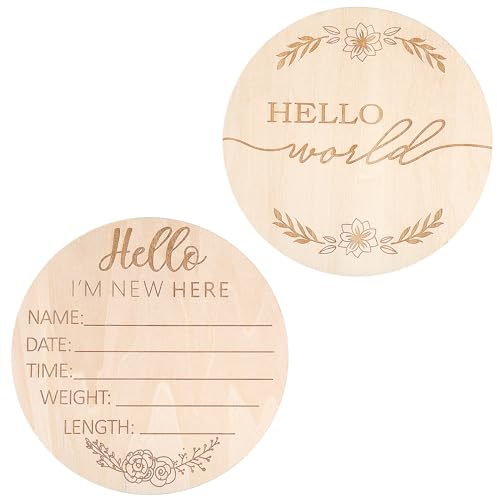 Ouligay Meilensteinkarten Baby Holz Hello World Meilenstein Karten Baby Announcement Sign Doppelseitig Neugeborenen Holz Schild Holz Geburtsanzeige Schilder für Krankenhaus Foto Requisite Babyparty