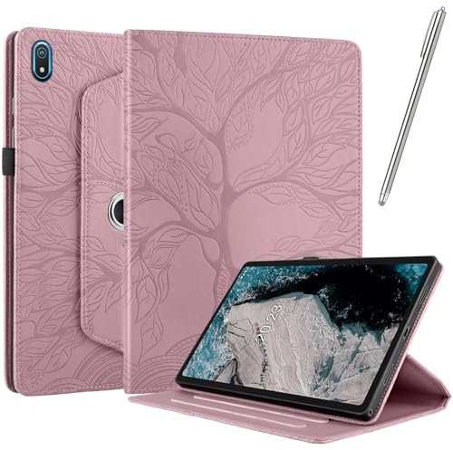 Netany Hülle für Nokia Tablet T20 - PU Leder Schutzhülle Flip Hülle, mit Stifthalter und Stylus 360 Grad verstellbare Schutzhülle Lebensbaums - Roségold
