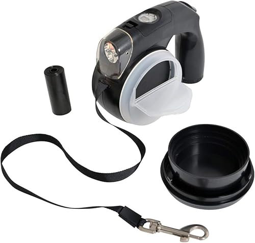Retractable Dog Leash with Built In LED Torch, Food Storage & Poop Bag Dispenser 4m Lead Pet Dog Puppy Walking Extendable Leash (Black)