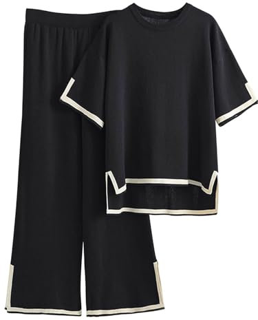 Famulily Women's Tracksuits Knit Outfits Oversized Long Sleeve Pullover Tops High Waist Wide Leg Pants BlackXL