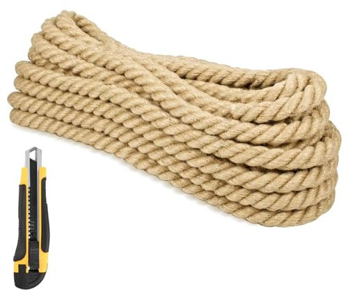 Cuerda de yute de 20 mm, 10 m, 4 hebras, cuerda decorativa natural, cuerda de yute gruesa, cuerda de obstáculos, cuerda trenzada, cuerda de jardín para decoración interior y exterior, decoración de