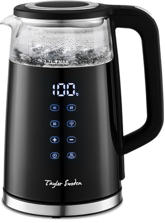 Taylor Swoden Glas Wasserkocher 1,7L mit Temperatureinstellung 2200W | Doppelwandiger Verbrühungsschutz, LED-Temperaturanzeige (40-100°C), Warmhaltefunktion(4H), Edelstahl-Glas-Design und BPA-frei
