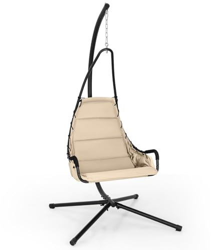 COSTWAY Hammock Swing Chair with Stand, Heavy-Duty Metal Frame Hanging Chair with Extra Large Padded Seat, Indoor Outdoor Swing Seat for Garden Patio Yard Living Room (Beige)