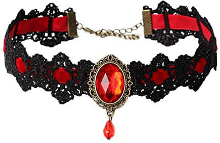Caiguoer Schwarz Spitze Kragen Kette Kristall Anhänger Halskette Samt Vintage Edelstein Halskette Gotische Hohlblume Choker Schmuck Halloween Zubehör für Frauen und Mädchen (C)