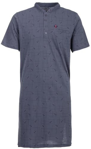 Henry Terre Nachthemd Herren Kurzarm Gitterlinien Brusttasche Knopfleiste Größe M-3XL, Farbe:Grau, Größe:3XL