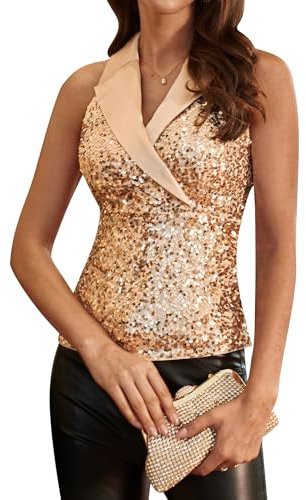 GRACE KARIN Damen Festlich Party Weihnachten Glitzer Sequined Oberteile Fashion Slim Fit V-Ausschnitt Weste Gold-Pailletten XXL