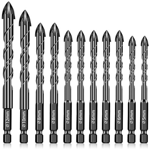 11PCS Masonry Drill bits Set with Four Carbide Cutting Edges Drill Bits Sets Mixed 5mm, 6mm, 8mm, 10mm, 12mm Metal Drill Bits for Tile Ceramic Glass Concrete Brick Steel Wood