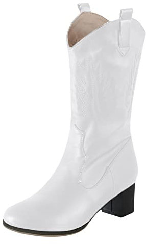 Generisch Stivali da equitazione da donna, vintage, con punta rotonda, con tacchi bassi, per il tempo libero, Western Cowboy, stivaletti da donna, estivi, casual, moderni, bianco, 36 EU