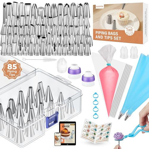 Kootek 140Pcs Icing Piping Bags and Tips Set, Frosting Piping Kit with 78 Numbered Icing Tips, 7 Russian Tip, 42 Pastry Bags 12 Inch, 5 Couplers, 4 Bag Ties for Cake Decorating, Cupcake, Baking