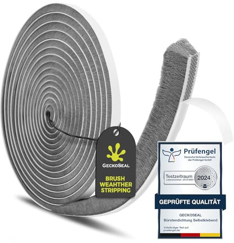 GeckoSeal 12m Bürstendichtung Selbstklebend, 9mm(B) x 15mm(D), Bürstendichtung für Fenster, Schiebetür, Bürstendichtung Rolladen für Kleiderschränk, Türbürstendichtung für Insektenschutz - Grau