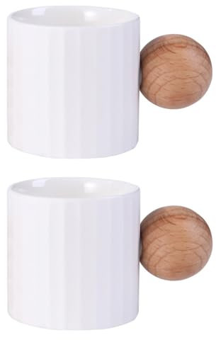 Fire Kirin Lot de 2 mini tasses à expresso rondes en céramique de 60 ml, avec poignée en bois et rayures pour thé ou café (blanc)