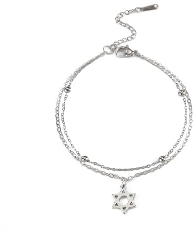 EUEAVAN Davidstern Armband jüdisch jüdisches Gebetsarmband hebräisch Judaica Fußkettchen Stern Hexagramm Anhänger Schutz Amulett Schmuck Chanukka Geschenke für Frauen (silber)