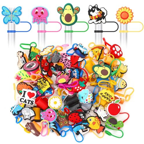Ovveroche 60 Pcs Different Straw Toppers,Cute Straw Cover Cap for Stany Cup,Silicone Straw Toppers for Stany,Reusable 10mm Straw Covers for Stany Cup Accessories