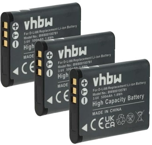 vhbw 3 x Replacement Battery for Sanyo DB-L80 for Camera (500 mAh, 3.6 V, Li-Ion)