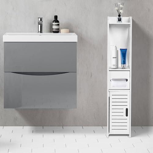 HUOLE Petit Meuble de Rangement pour Toilettes, Support Papier Toilette Armoire Toilettes Porte Brosse WC Meuble de Salle de Bain sur Pied en Bois, Armoire de Salle de Bain (15 * 15 * 80 cm ✩Blanc)