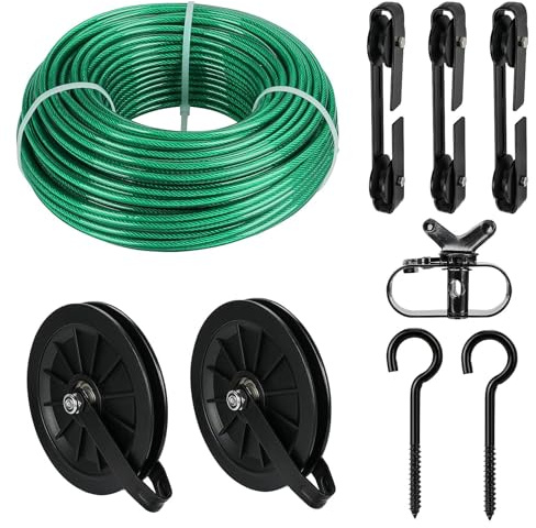 Fshihine Washing Line Set, 45M/4.5mm Green PVC Coated Clothes Lines for Outside with 16cm Clothes Line Pulley, M8 Metal Hooks, 3Pcs Separator, Heavy Duty Outdoor Washing Lines Rope