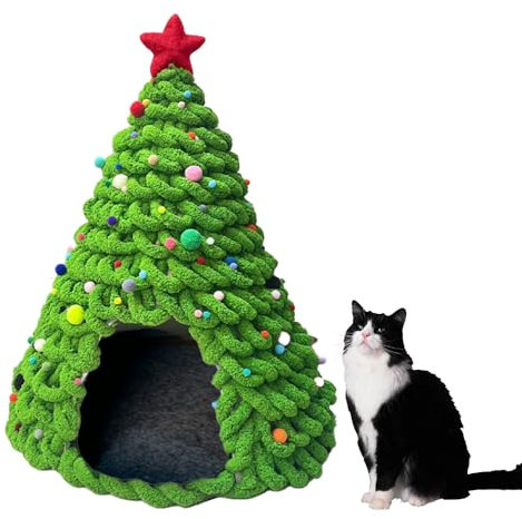 DIY Christmas Tree Cat House Kit, Conical Felt Cat Nest, Yarn Balls, Ornaments, 20 * 24 inches (Green, M)