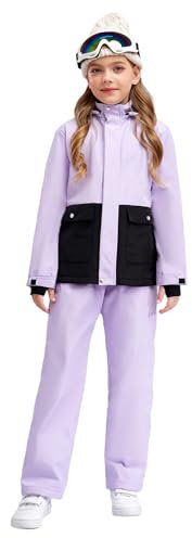 LiiYii Completo da Neve 2 Pezzi Bambina Unisex Tuta da Sci Termica Giacca da Sci con Cappuccio Rimovibile e Paraneve + Pantaloni Impermeabili Set di Snowboard Viola 11-12 anni