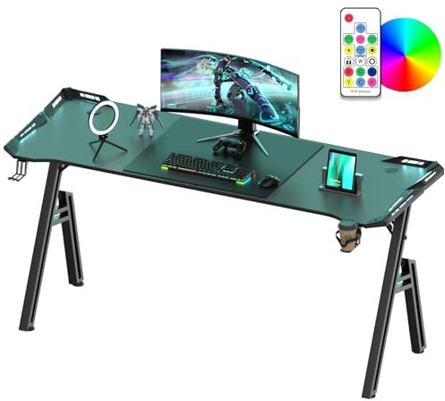 Bureau Gaming Led 160x60, Bureau Gamer Informatique Ergonomique avec Lumière RGB, Table Gaming Plateau en Fibre de Carbonen, Table Gamer avec Porte-Gobelet et Crochet pour Casque, Forme de A Stable