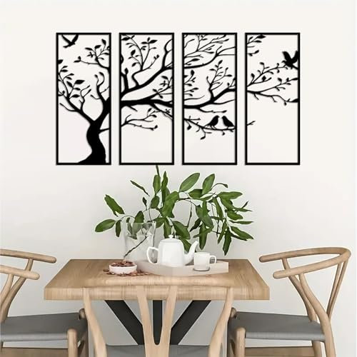 DUOOLN 4 Stück große Metall Vögel und Zweige Wanddekor, Baum des Lebens Metall Wandkunst, Schwarze Blätter mit Vögeln Silhouette hängende Wand-Skulptur für Indoor Home Schlafzimmer Wohnzimmer Outdoor