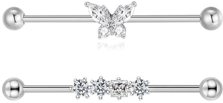 Gojewen 2pcs Industrial Bars 38mm Silver Stainless Steel Butterfly Scaffold Piercing Jewellery 14G