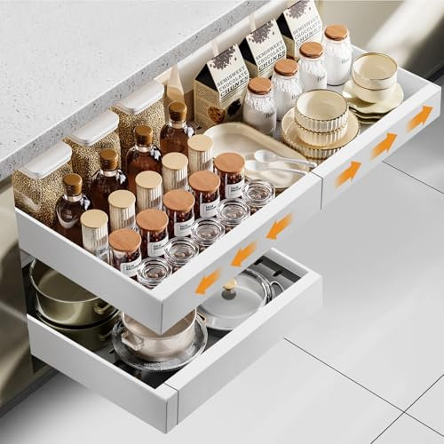 Cozary Teleskopschublade Ausziehbare Schublade Küche, Verstellbare Breite (32-52cm B X 42cm T X 7.5cm H), Ohne Bohren, Schubladen Organizer Küche mit Klebefolie für Schrank Küchenschränke, Weiß