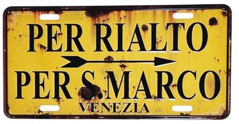 KUSTOM ART Retro-Blechschild aus Metall, Reliefmotiv Venedig, Hinweisschild für Rialto und Markusplatz, Vintage-Design, mit Löchern und Magneten, 30 x 15 cm