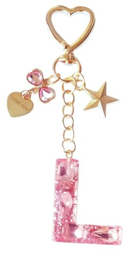 Porte-clés avec Initiale Rose Alphabet Lettre Keyring Nom Pendentif en Résine Pendentif Amour Pompons Porte-clés Bijou de Sac Keychain Portefeuilles Sac à Main Charme pour Cadeau Femmes Fille (L)
