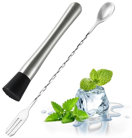 Cocktail Stößel,2 PCS Edelstahl Cocktail Stößel mit Eiscrusher und Muddler Manueller Stampfer für Barzubehör Ideal für Cocktails Mojitos und Säfte Inklusive Doppelseitigem Löffel