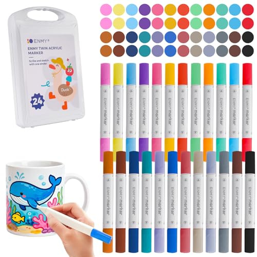 OCCOUMR Lot de 24 crayons de peinture pour porcelaine avec double pointe en 24 couleurs | Avec pointe fine et pinceau, feutres pour peindre des tasses, de la poterie, de la céramique, de la pierre, du bois, du métal