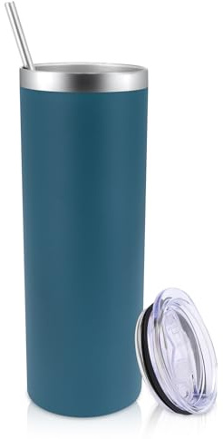 Volhoply 600ml (20oz) Skinny Tumbler with Lid and Straw, Stainless Steel Straight Tumblers Cup, Vacuum Insulated Coffee Mug for Home, Office, Travel, DIY (Dark Green,1 Pack)