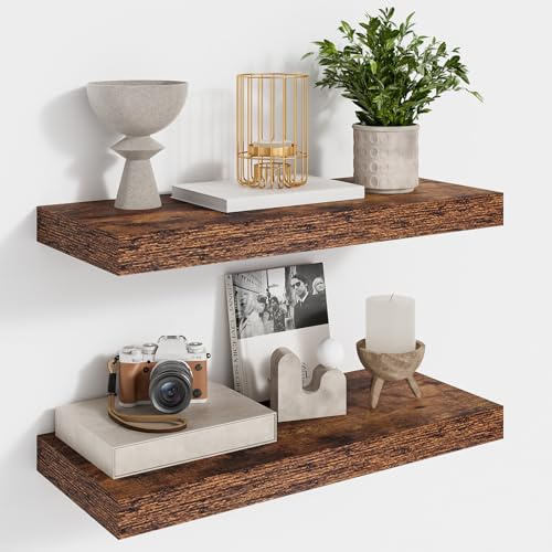 Feihorrm Schweberegal 2er Set, Wandregal Rustikal Braun, 40cm Regal | Regal Wand mit unsichtbaren Halterungen, Wandregal Holz für Büro, Badezimmer, Schlafzimmer, Küche und Wohnzimmer