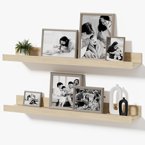 Mifurn 2er Set Bilderleiste Eiche, 40cm Wandregal Schweberegal Holz-Optik, schmales Wandboard mit Kante für Bilderrahmen & Tonies, Deko Regal für Babyzimmer & Boho-Wohnen