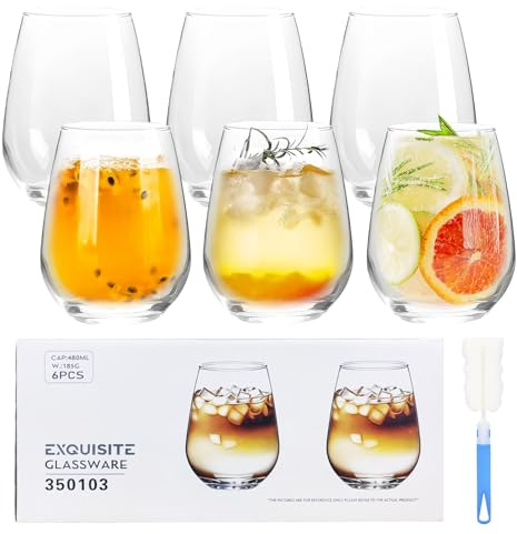 YBLUE Drinking Wine Cups Set of 6 450ml with A Luxurious Gift Box, Sturdy Stemless Wine GlassesGlass Tumblers Gift Pack with Cup Brush for Cocktails, Drinks, Juices for Daily Use or Gatherings