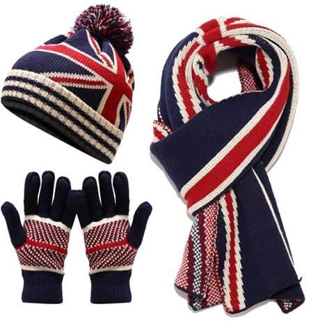 YOSUWOAI Mütze-Schal-Handschuhe-Set Damen Herren Union Jack-Druck Winter-Warme Outdoor-Mütze Schal Handschuhe Festliches 3-in-1 Set