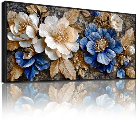 SERIMINO Modern Wandbild mit Rahmen Blume Leinwand Bilder Groß 73x146 cm | BlauweißE BlüTen Wanddeko, HochauflöSender Druck, Massivholzrahmen, Einfach Montage, Mehr GrößEn, Vielseitig Einsetzbar