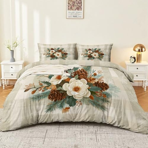 Housse de Couette 140 x 200 cm Parure de Lit en Microfibre avec Fermeture Éclair Bouquet de Noël à Carreaux Linge de Lit Douce, légère et Facile d'entretien Brun