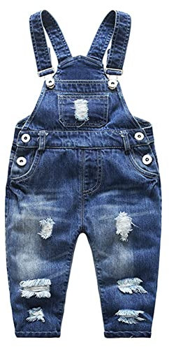 KIDSCOOL SPACE Salopette di Jeans con Spalline Regolabili Strappate Carino Bambino Piccolo,Blu,18-24 Mesi