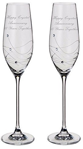 Dartington Crystal Anniversary Glitz Pair of Champagne Flutes Glasses with Crystals - 15 Years Together