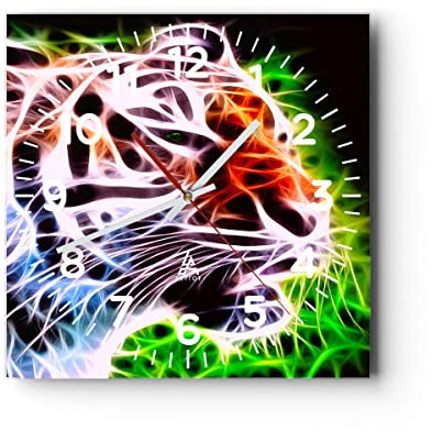 Modern Wanduhr Afrika Aggression Tiere Tiger 30x30cm Quadrat Klein Wand Uhr Glas Analog Zimmeruhren Küche Büro Wohnzimmer Glasuhr Wall Clock Dekoration Design Wanddekoration Küchenuhr C4AC30x30-2293