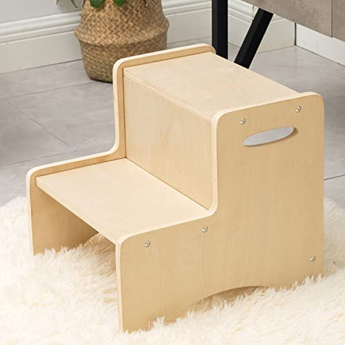 WOOD CITY Marchepied en bois naturel 2 marches avec poignées, coussinets antidérapants pour la sécurité, tabouret de salle de bain et marchepied de cuisine double hauteur