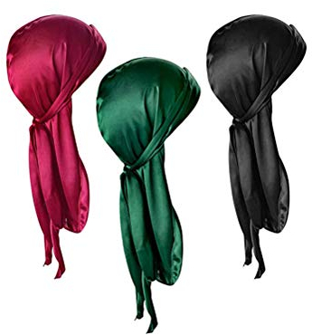 Durag,3 Stück Long Tail Bandanas Satin Kopftuch Piratenmütze Bandanas für Männer Frauen Hip-Hop und Daily Decoration 100cm Schwarz, Smaragdgrün, Weinrot