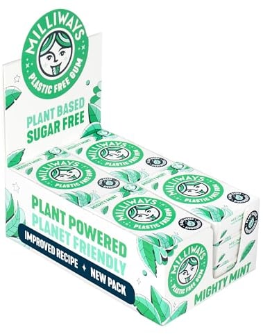 Milliways Mighty Mint Chewing Gum, Plastic Free, Sugar Free, Aspartame Free, Natural | 12 Packs of 10 Pieces (120 Pieces Total) | Xylitol, Plant-Based, Biodegradable