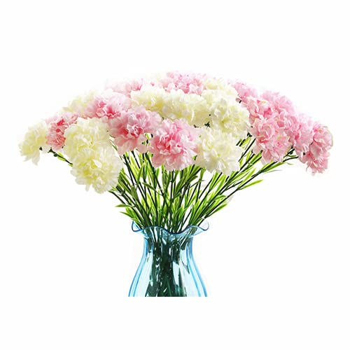 Rikyo 10 Blumenstrauß aus künstlichen Seidennelken, einzelner Blütenkopf, 50,8 cm, Blumenstrauß und grünes Blatt für Heimdekoration, Brautschmuck, Hochzeit, Blumendekoration (weiß + pink)