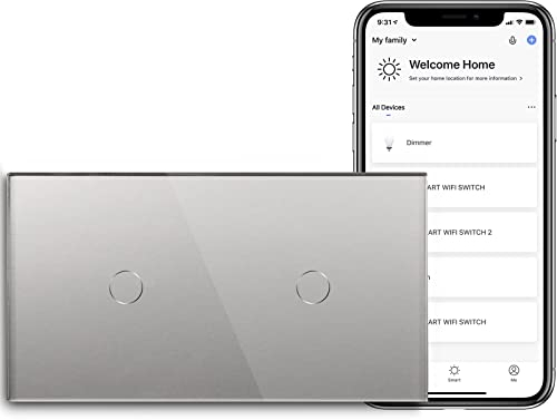 BSEED Doppelschalter Smart Alexa Lichtschalter aus Glas, WiFi Touch Wandschalter 1 Fach 1 Weg (Neutralleiter Erforderlich), Alexa/Tuya/Google Home-kompatible 157mm * 86mm Grau