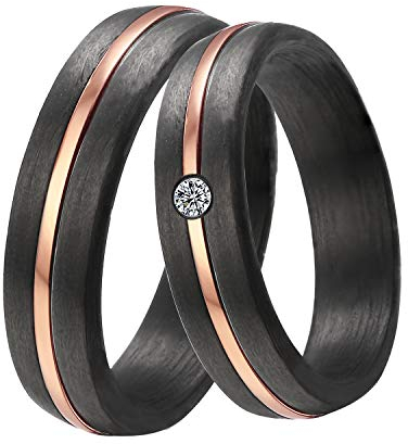 DOOSTI Damen Herren Ring schwarzes Carbon mit Edelstahl in Rosegold als Partnerring Ehering Trauring (Ring mit Zirkonia, 54)
