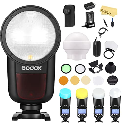 GODOX V1-N Blitz für Nikon Rundkopf Kamerablitz Speedlite TTL Speedlight 2.4G Wireless System 1/8000s High-Speed Sync, 2600 mAh Lithiumbatterie,mit AK-R1 AK-R22 Zubehör