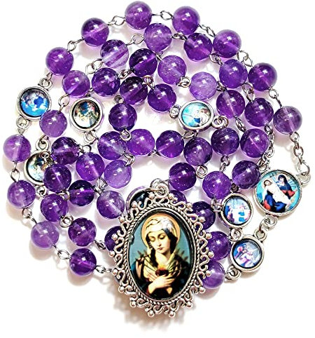 Seven Sorrows Rosary Beads Natural Crystal Rosery Catholic gifts for Women Girl Men Boy Confirmation, Zinc Alloy, natural crystal