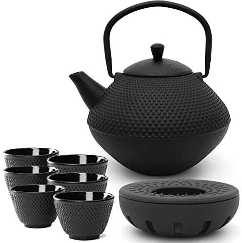 Bredemeijer Teekannen Set Gusseisen 1.0 Liter mit 6 Teebecher (Tassen) & Stövchen - traditionelles 8-teiliges Teeset für losen Tee