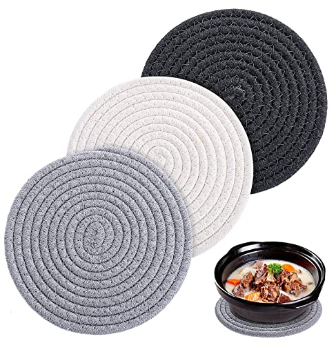 Lot de 3 dessous de plat résistants à la chaleur pour plats chauds de 17,8 cm, 100 % coton tressé, dessous de plat pour casseroles et poêles, support de casserole pour protéger la table, grands
